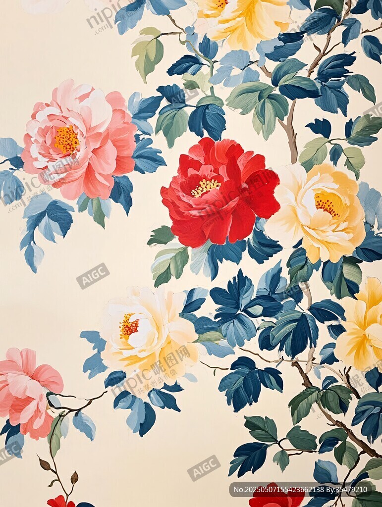 中式花卉壁画 绚烂牡丹图