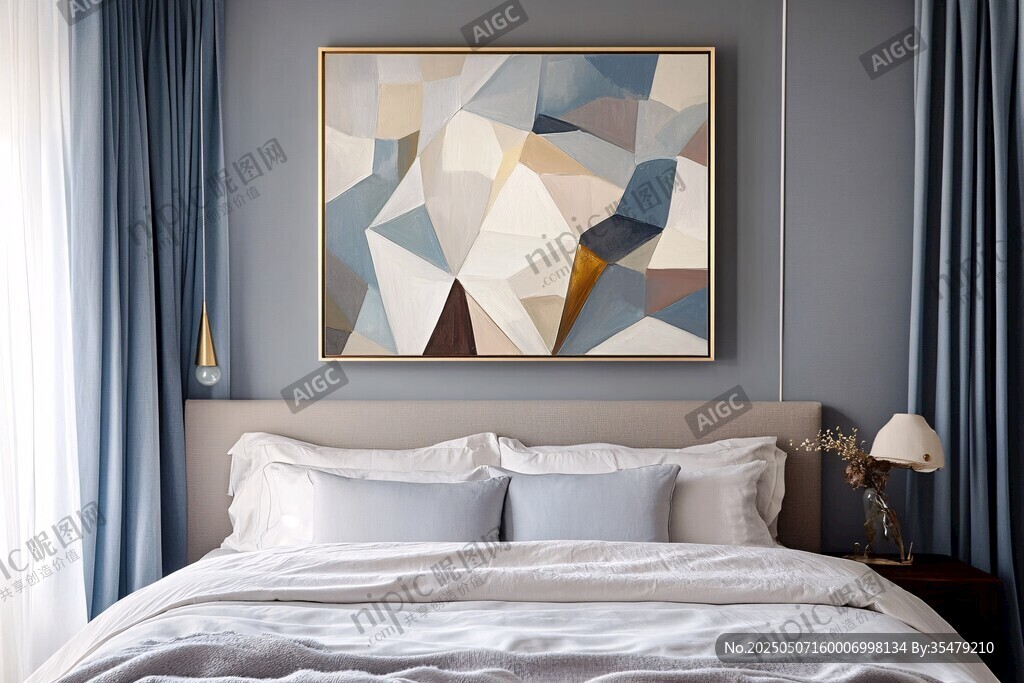 简约卧室 几何挂画与素雅床品