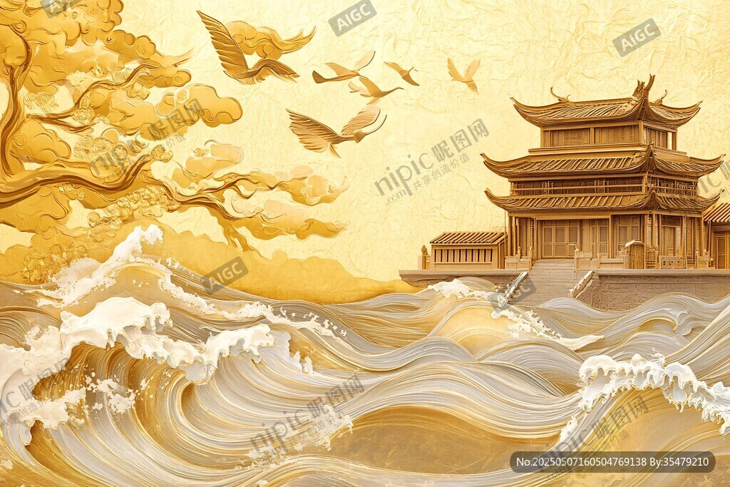 金韵中式山水楼阁飞鸟图