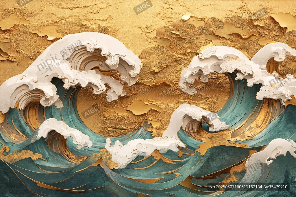 金色背景下的立体海浪艺术