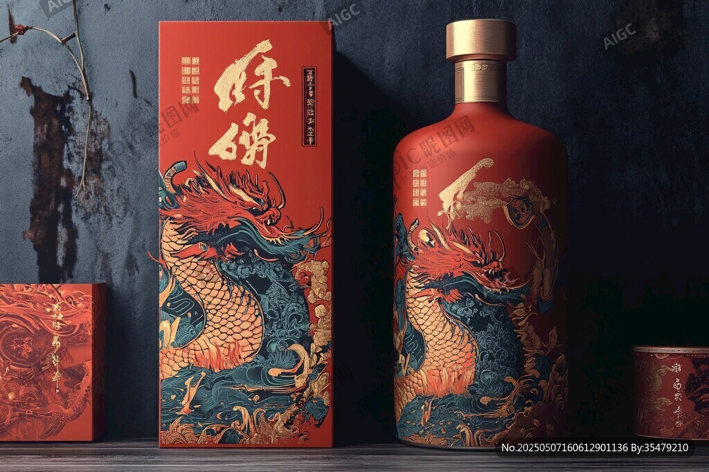 龙纹白酒瓶与包装盒展示