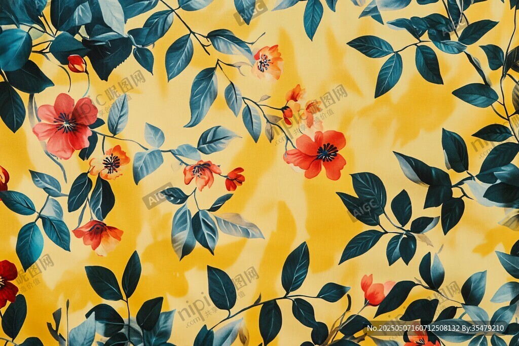 黄色底花卉绿叶图案布料