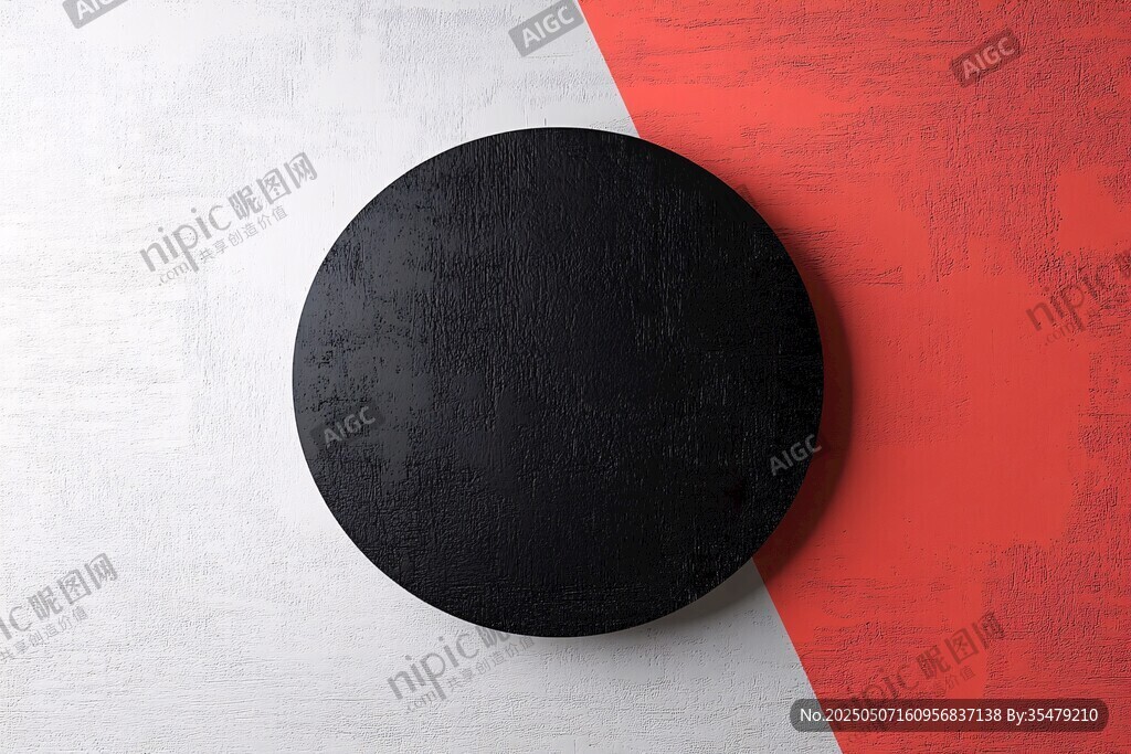 黑圆盘置于红白背景上