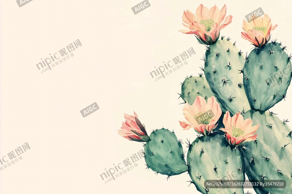 绽放的仙人掌花朵插画
