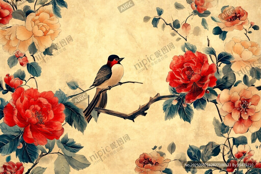 花鸟图 枝头鸟与娇艳繁花