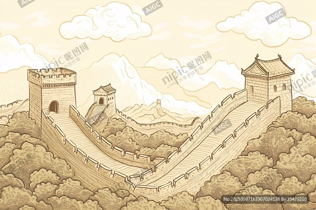 手绘长城景观图
