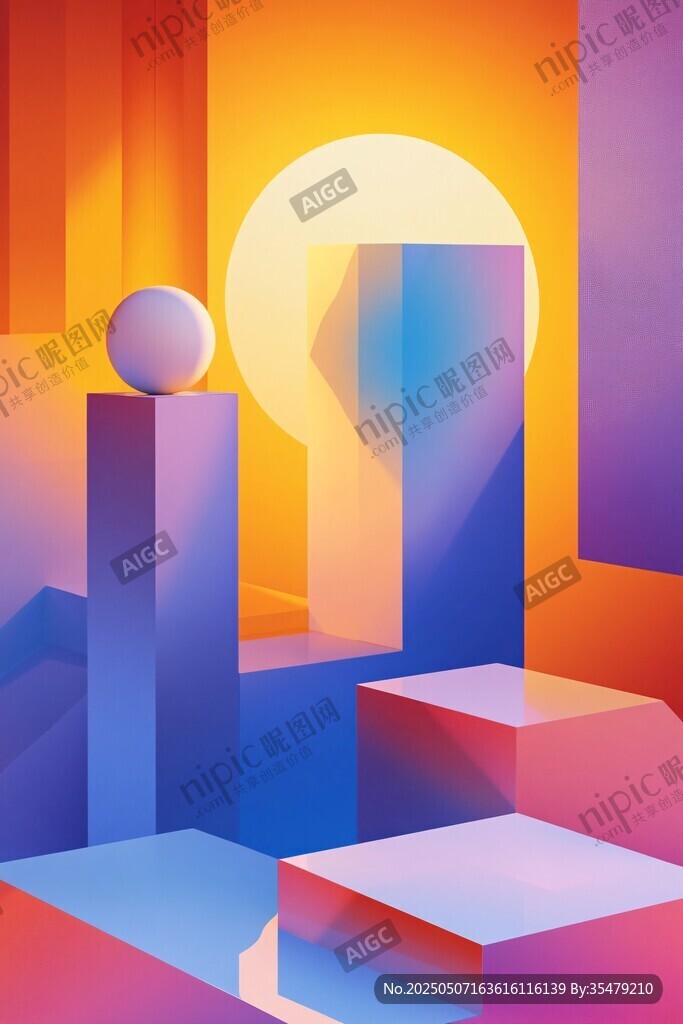 梦幻几何建筑日落场景