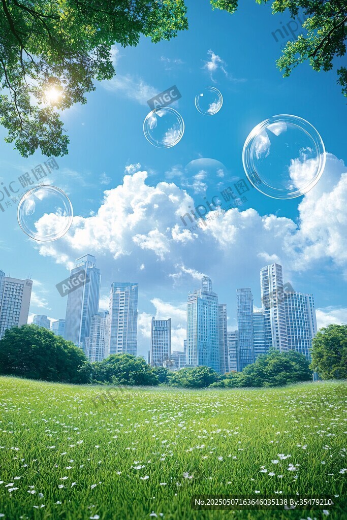城市绿野间的梦幻泡泡世界