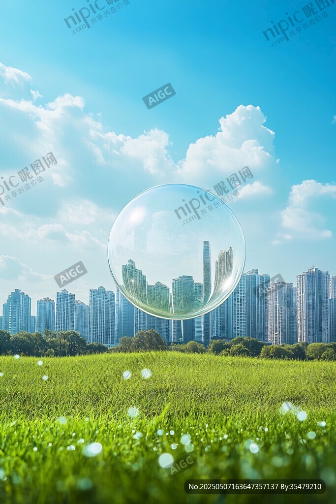 城市在草地泡泡中的奇幻景象