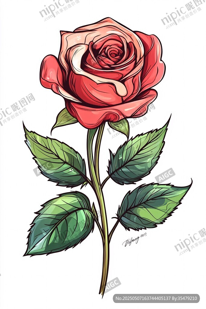 手绘红玫瑰插画