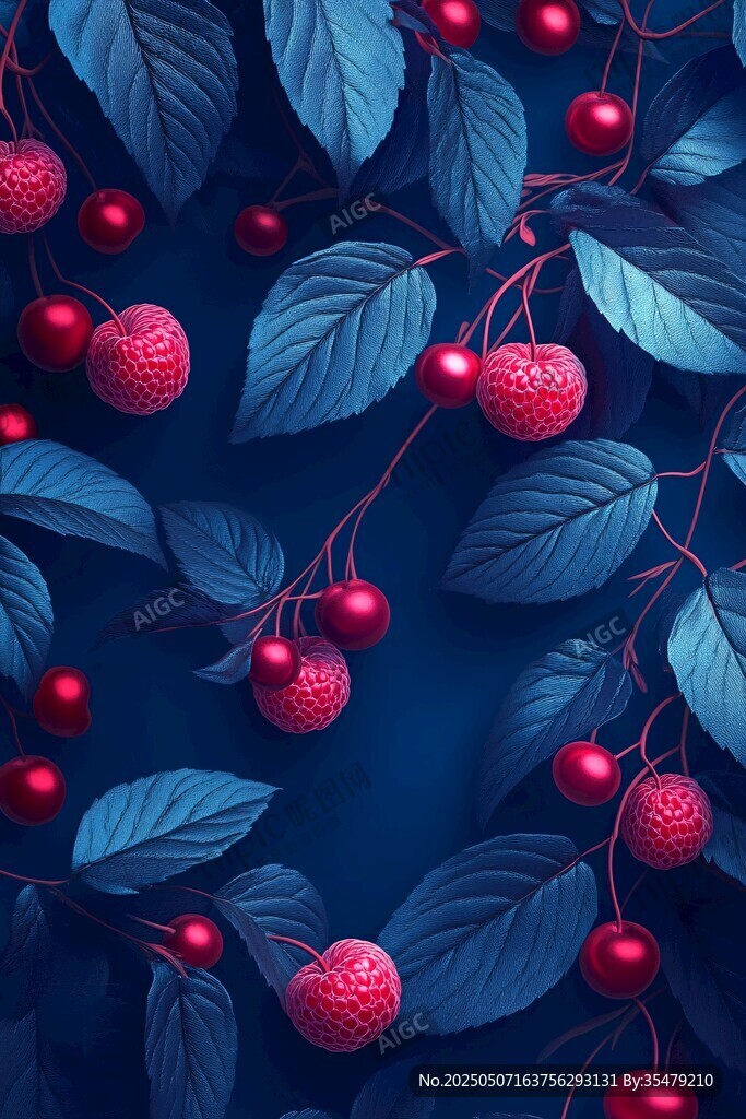 梦幻蓝背景下的红果绿叶