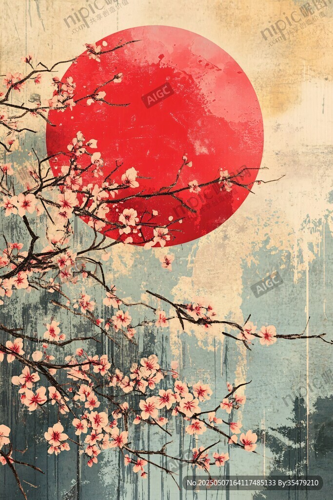 日式樱花与红日风景图
