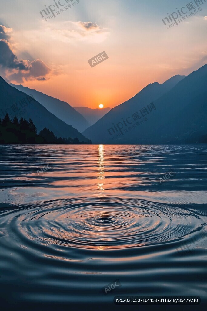 湖畔落日波纹美景