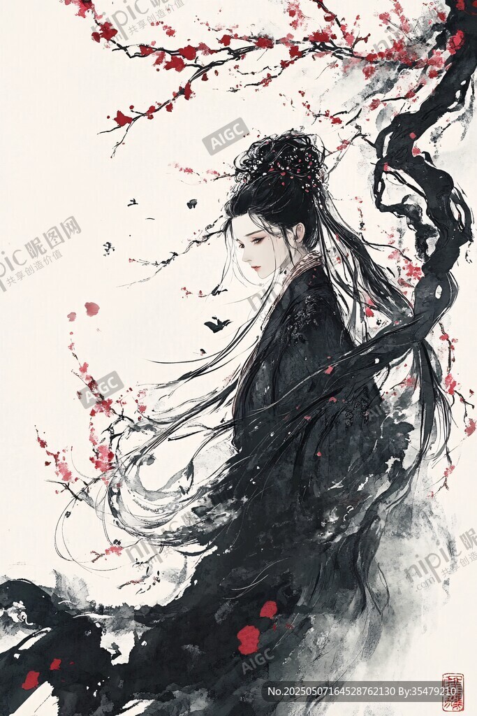 水墨古风女子倚立花枝旁