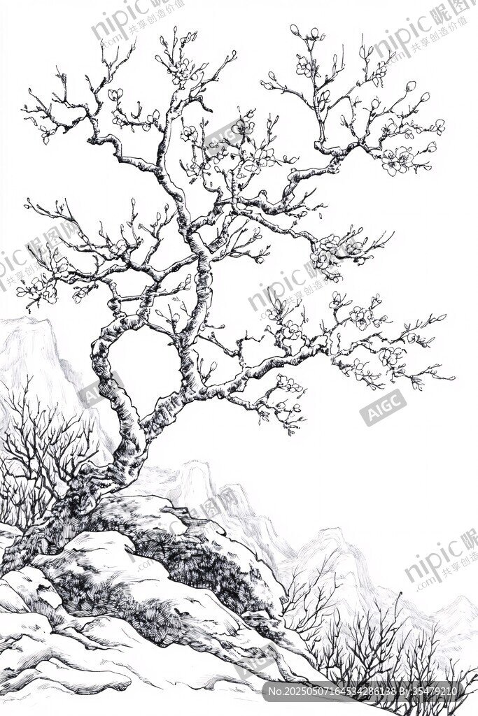 枯树屹立山石间水墨画