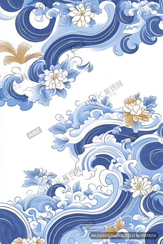 蓝白海浪花卉中式图案