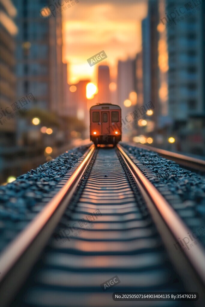 夕阳下铁轨上的行驶列车