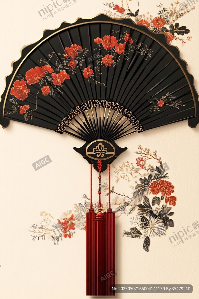 中式古风黑底红花折扇