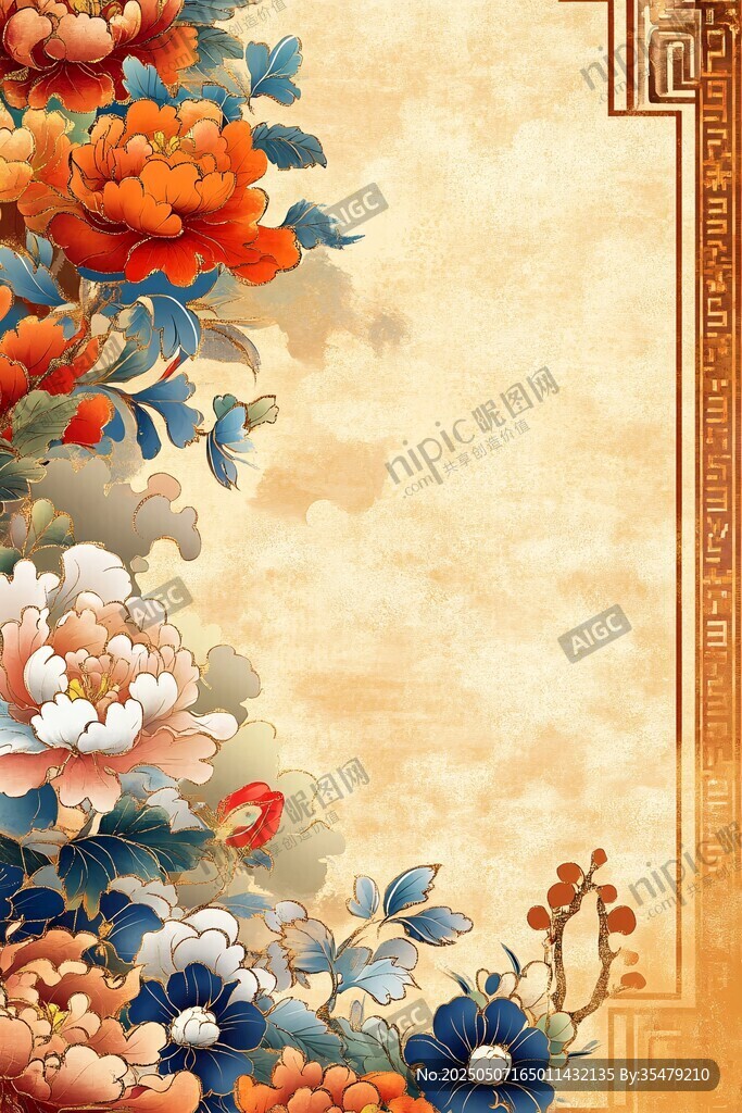 中式牡丹花卉复古风背景图