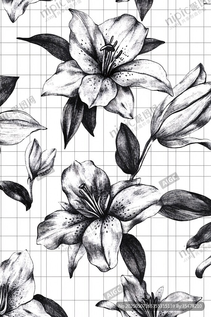 黑白手绘百合花卉图案