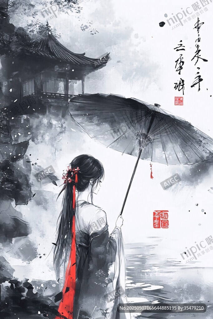 古风佳人撑伞临水而立