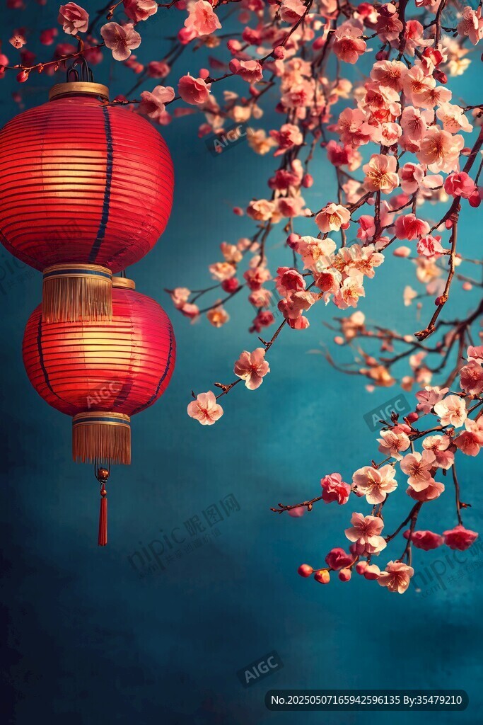 红灯笼映粉花枝景
