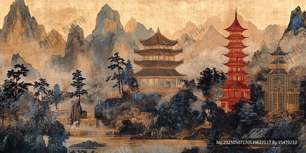 中式山水楼阁古风美景图