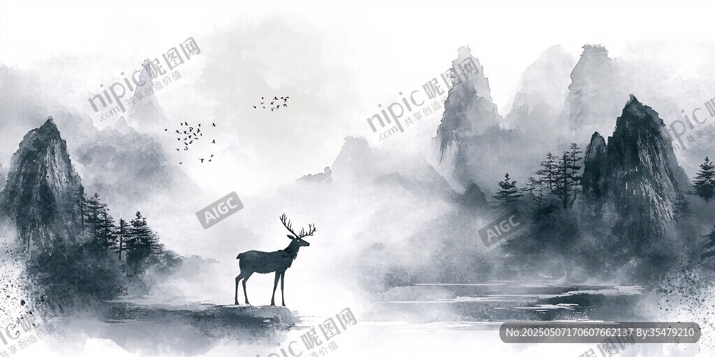 水墨山水间的孤鹿
