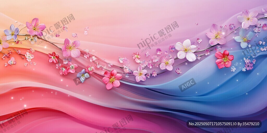 梦幻花朵与绚丽波浪背景