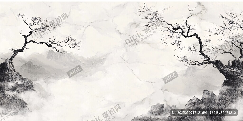 水墨山水枯树意境图
