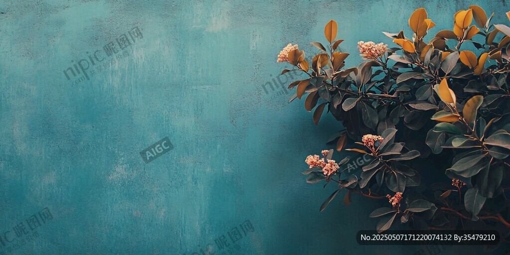 蓝墙旁的花卉绿植景观
