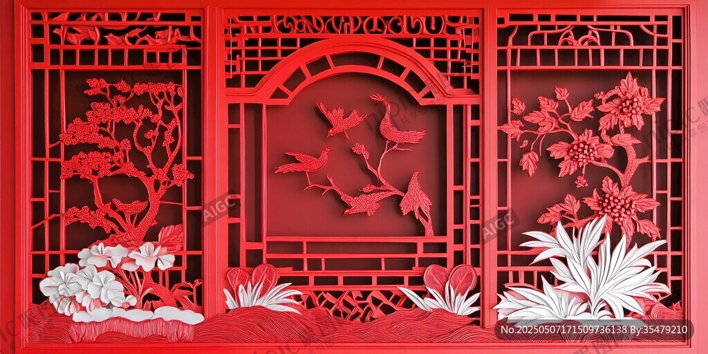 中式红色雕花窗棂艺术美