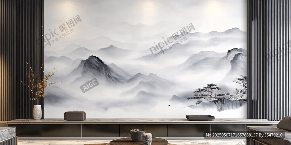 中式水墨山水客厅背景墙