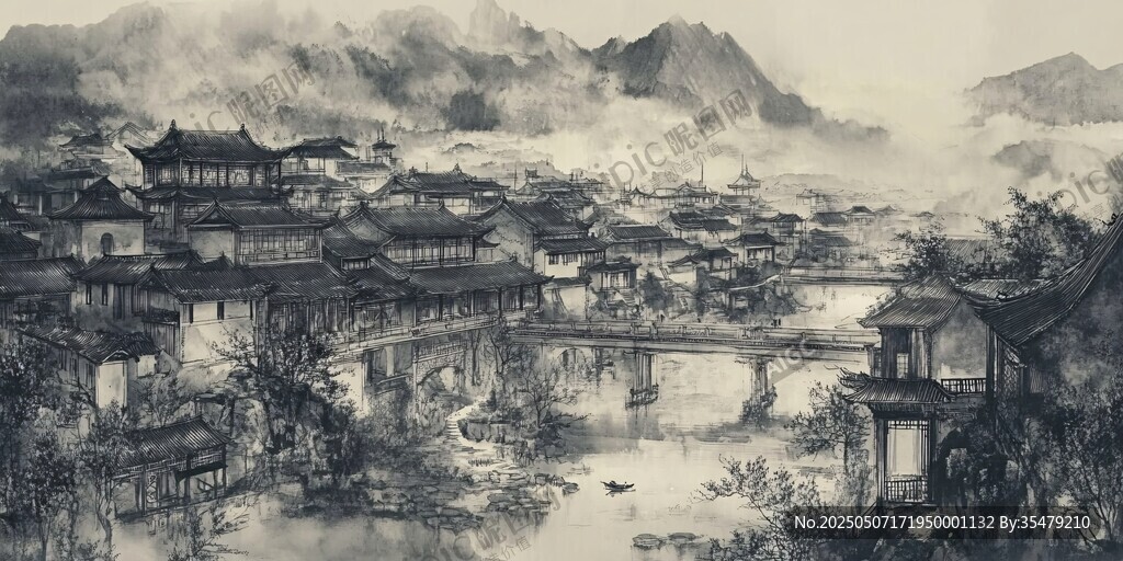 水墨江南古镇山水画卷