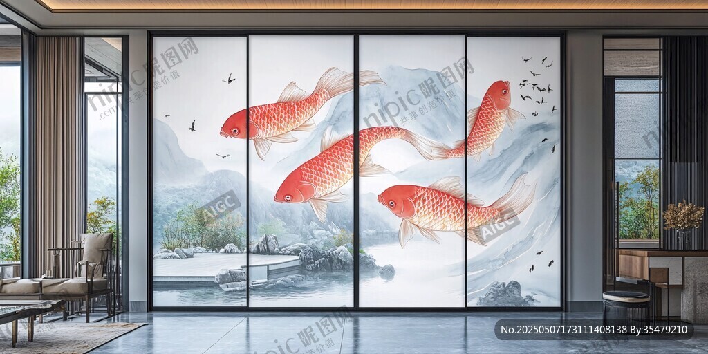 中式客厅锦鲤山水艺术屏风