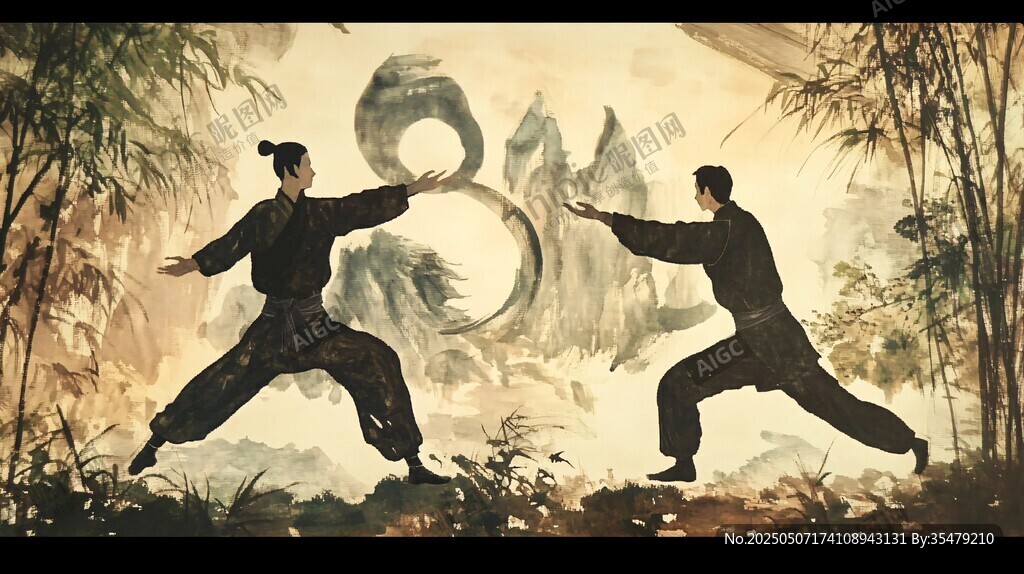 双人太极对决水墨画意境
