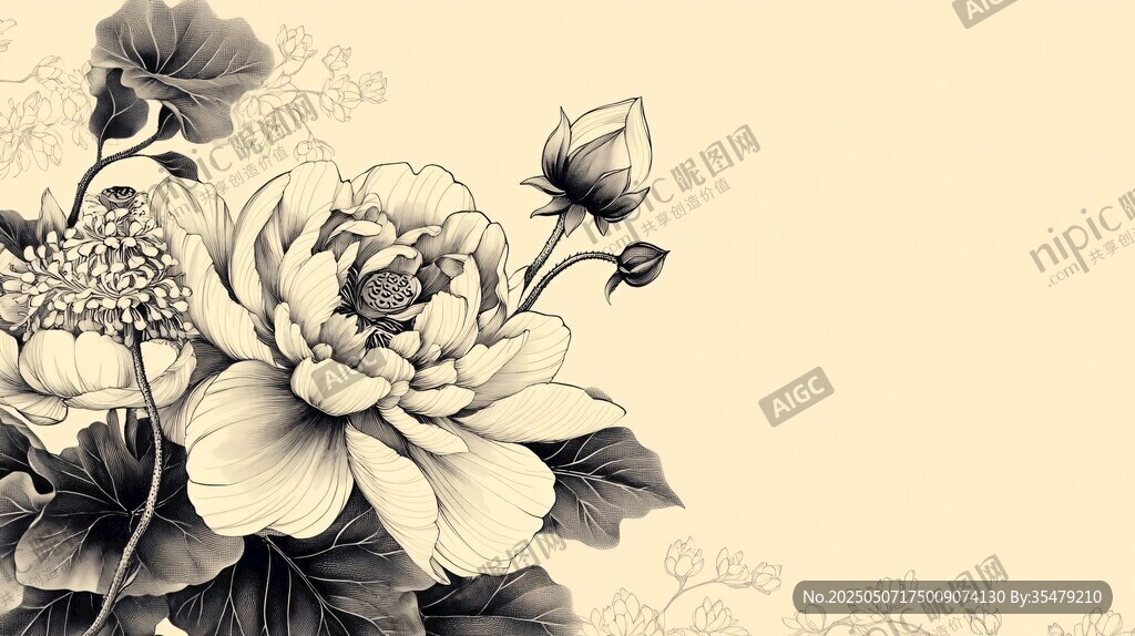 中式花卉黑白手绘插画