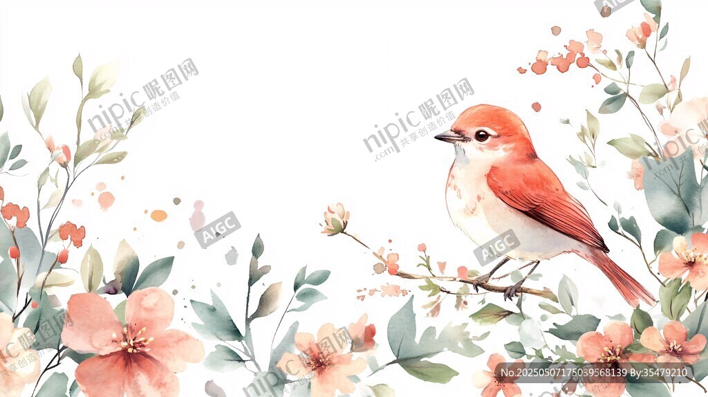 花鸟水彩画中的可爱小鸟