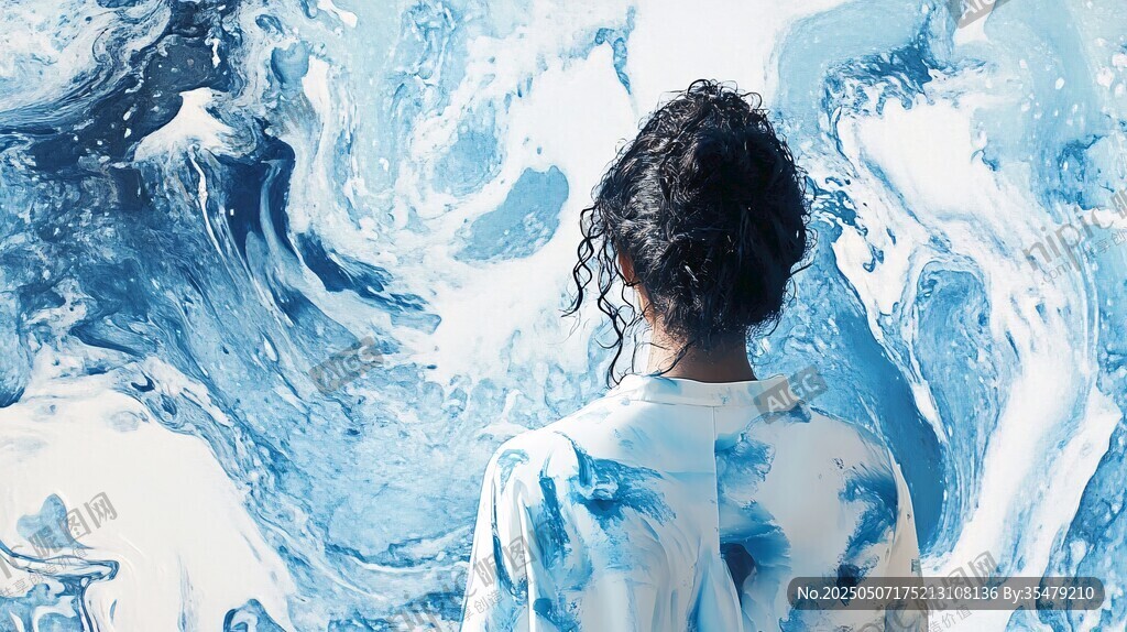 女孩凝望梦幻蓝色艺术浪潮