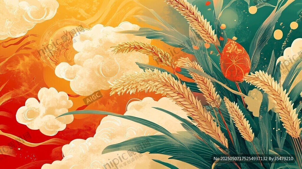 秋日麦田云朵梦幻插画