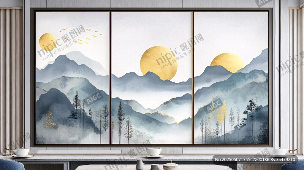 中式山水金月屏风画