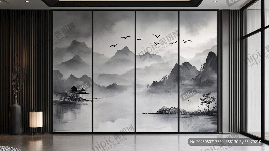 中式山水意境屏风装饰画
