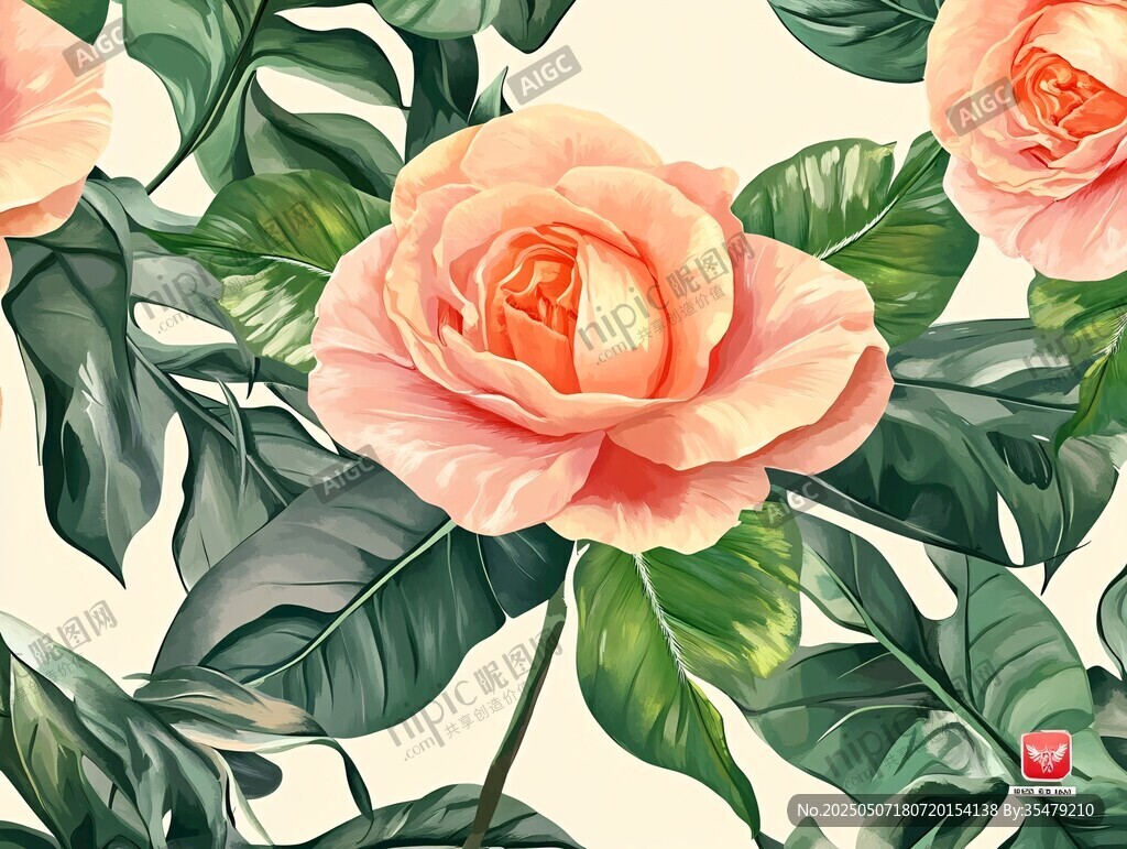 粉色玫瑰与绿叶插画图案