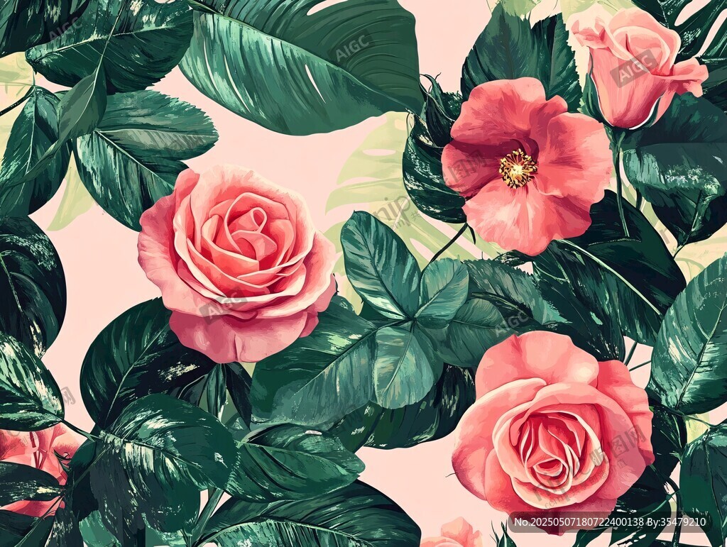 粉色玫瑰与绿叶花卉图案