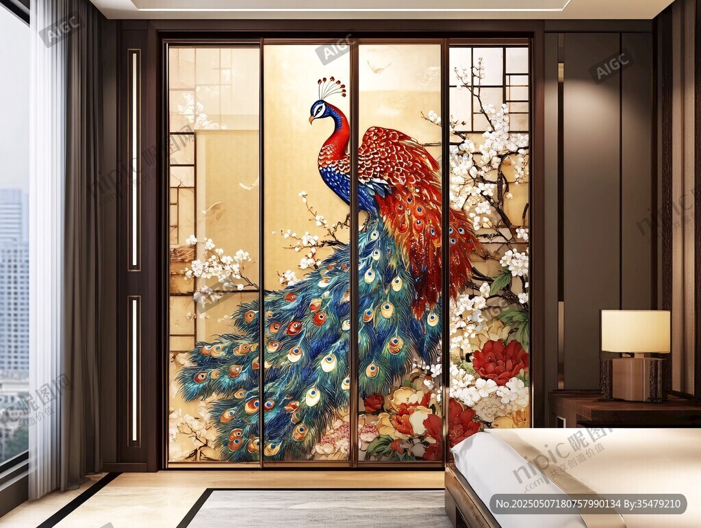 中式卧室孔雀花鸟屏风美景