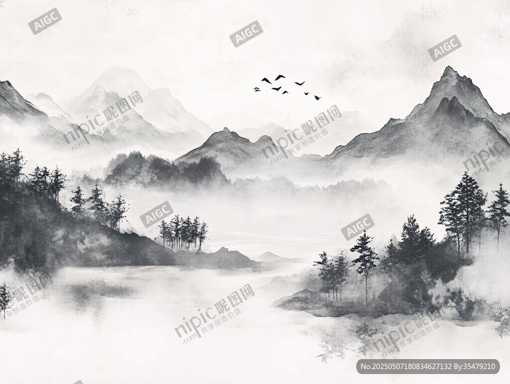 水墨山水间飞鸟掠群山
