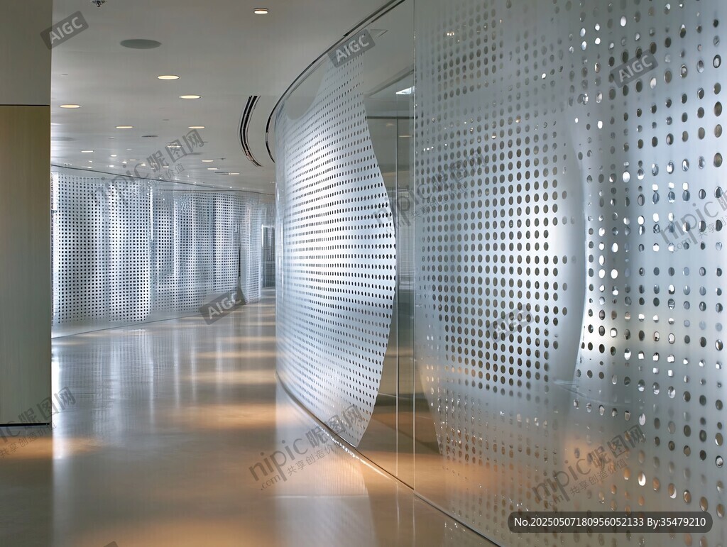 现代走廊的金属穿孔墙设计