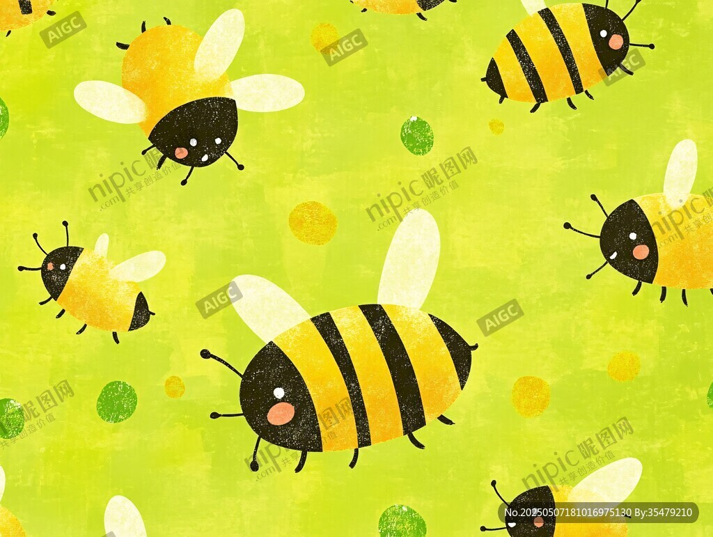 可爱蜜蜂在绿色背景飞舞