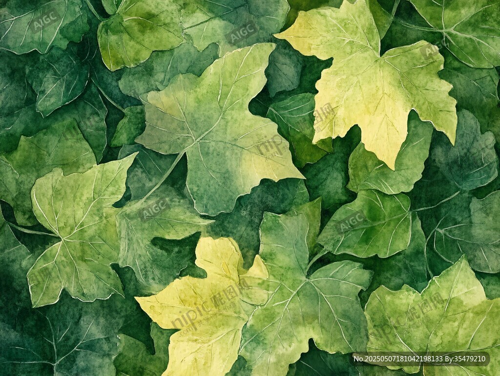 水彩绘就的翠绿叶片图景