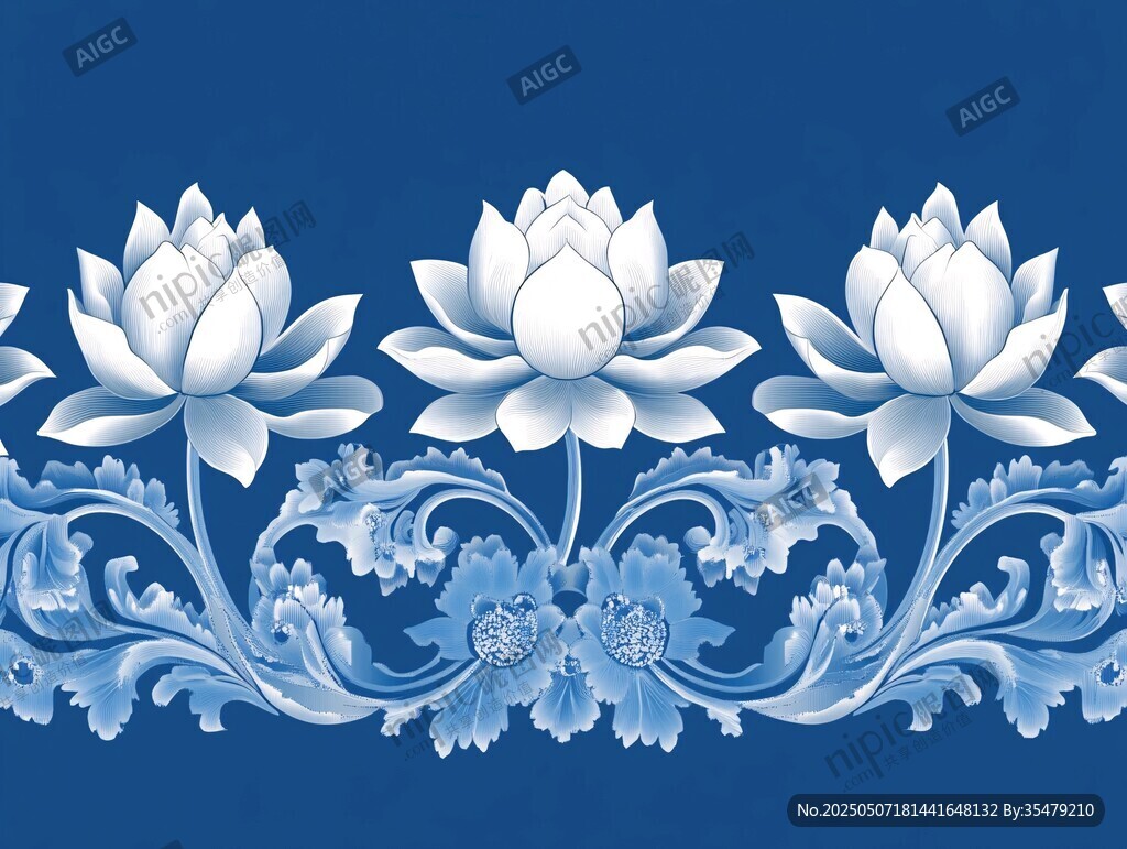 蓝底白莲花中式花纹图案